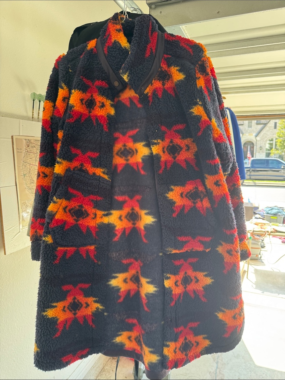 Black Teddy Coat with Red & Yellow Aztec Pattern